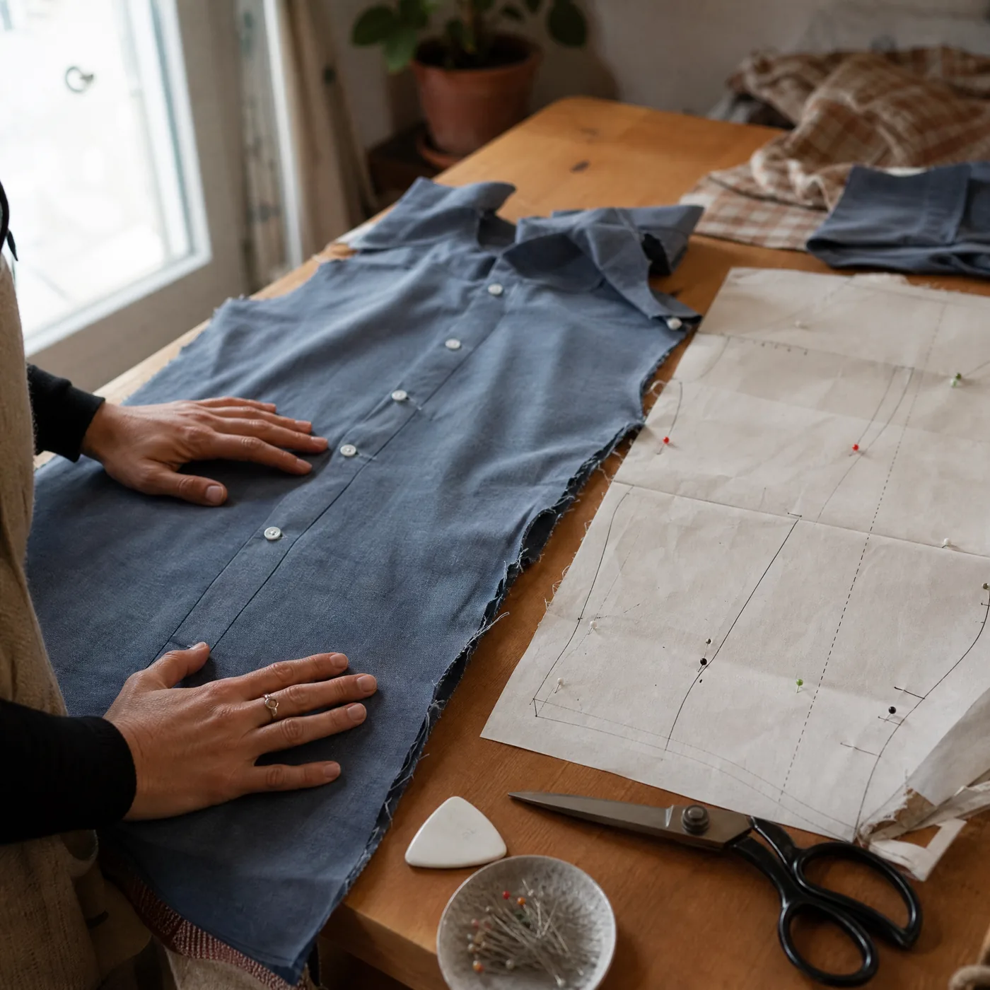 IMAGEN: mesa de corte con una camisa de hombre a medio armar y el molde impreso al lado, ambiente doméstico