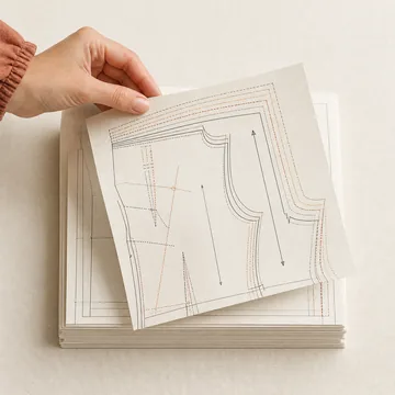 IMAGEN: paso 1 — el catálogo abierto en una tablet apoyada en la mesa de costura, con la ficha de un modelo a la vista. Miniatura redonda