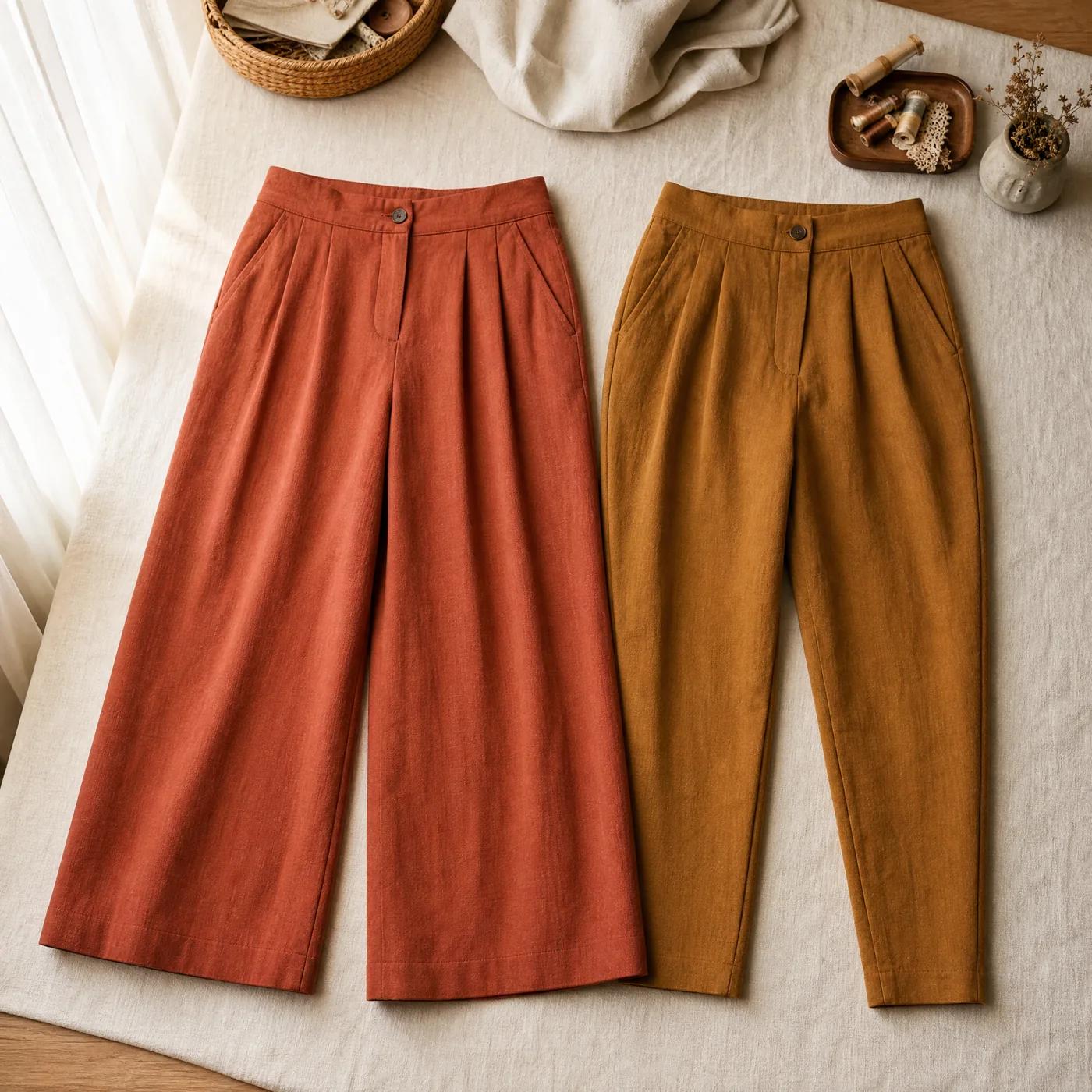 IMAGEN: catálogo 4 de 9 — pantalones de mujer terminados, dos modelos distintos