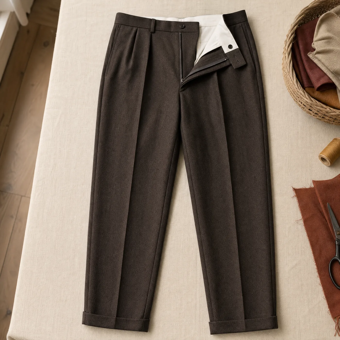 IMAGEN: catálogo 9 de 9 — pantalones de hombre terminados sobre la mesa