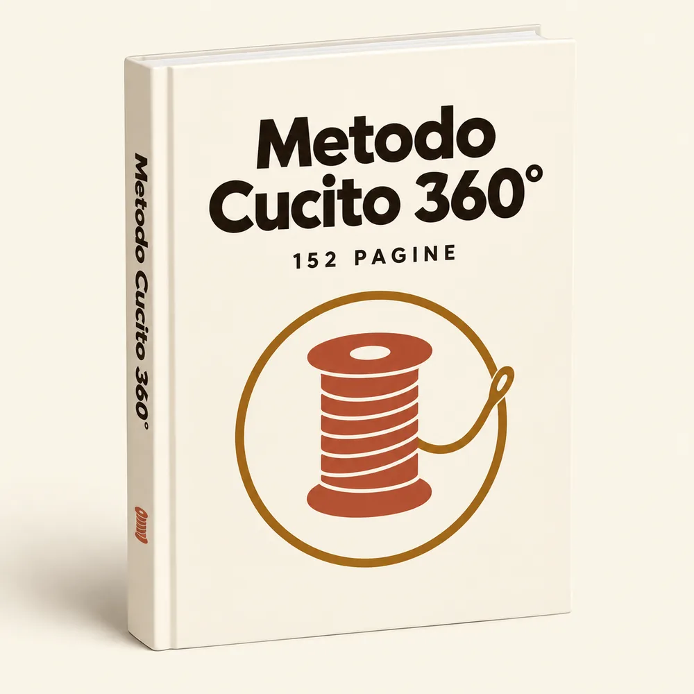 IMAGEN: mockup del bonus 1 — el manual Metodo Cucito 360° abierto por una página de técnica, con la máquina detrás
