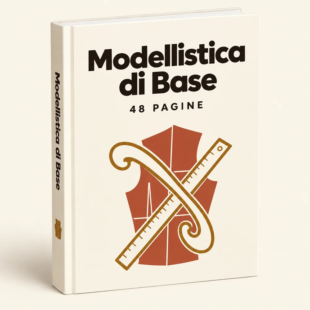 IMAGEN: mockup del bonus 2 — la guía Modellistica di Base con un trazado a mano y la cinta métrica encima