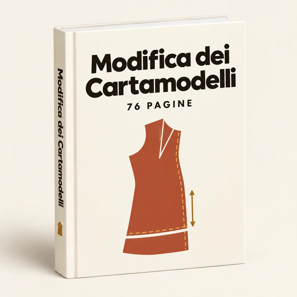 IMAGEN: mockup del bonus 3 — la guía de modificaciones con un molde intervenido: escote cambiado y manga alargada