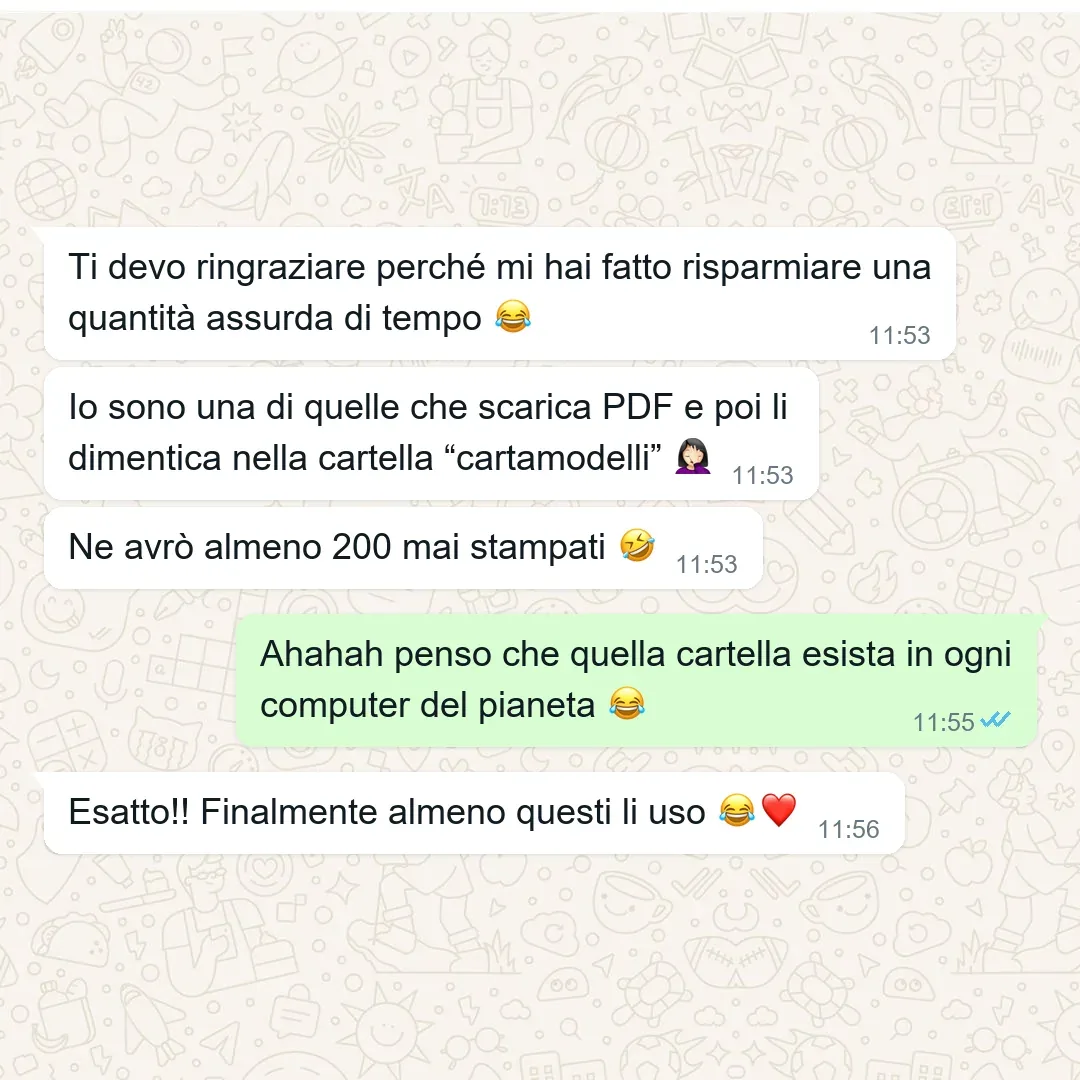 TESTIMONIO: captura real de WhatsApp 5 de 8 · en italiano. Objeción que mata: «sarà in inglese» — el alivio de tener las fichas y medidas en italiano