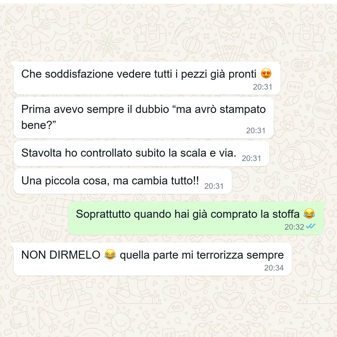 TESTIMONIO: captura real de WhatsApp 6 de 8 · en italiano. Objeción que mata: «e se taglio male?» — la primera prenda cortada sin retoques